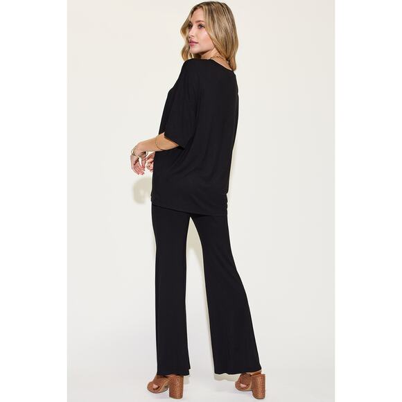 Basic Bae Black Two Piece Bamboo Drop Shoulder T-Shirt and Flare Pants Set - Picture 2 of 4